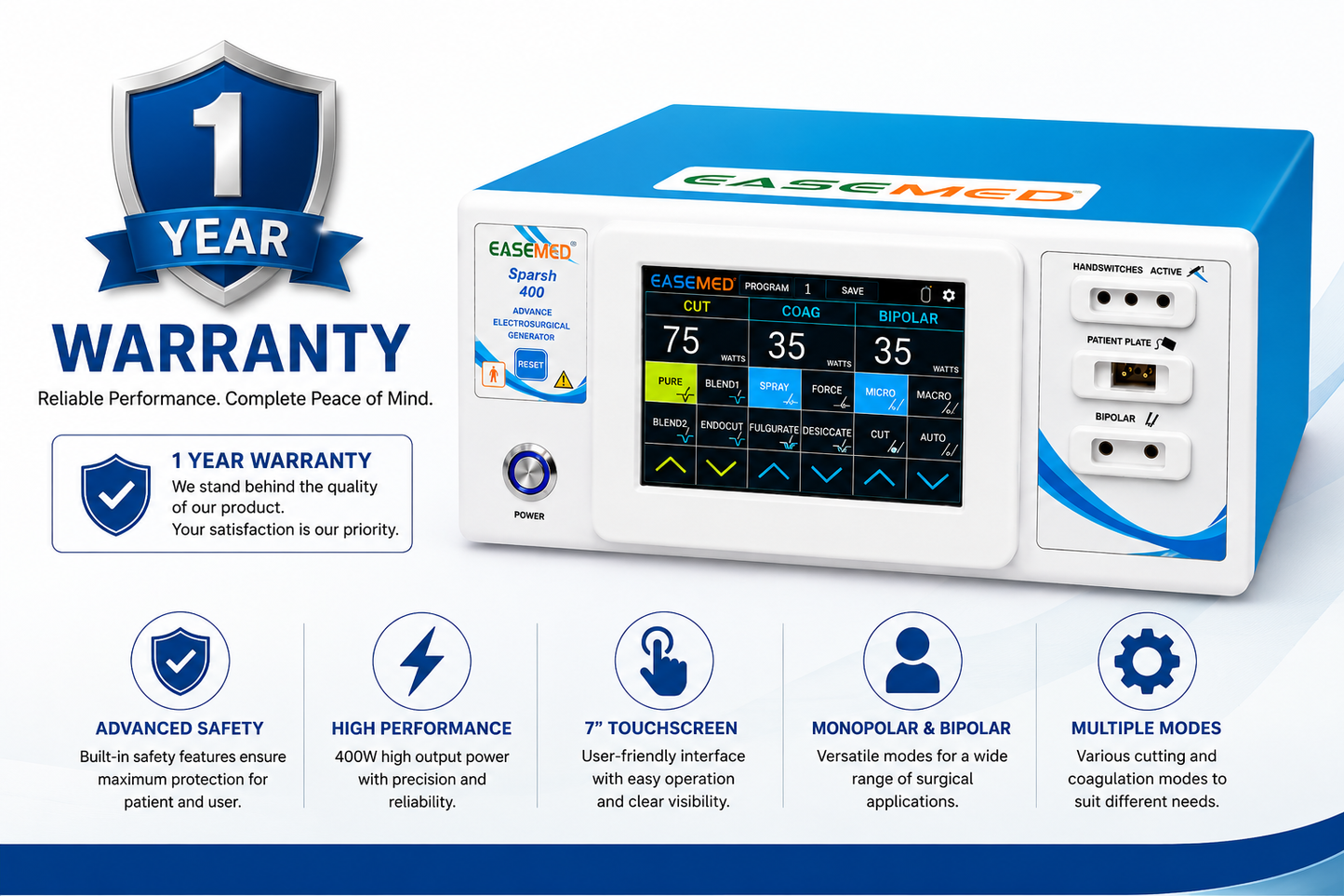 EASEMED Sparsh 400W Cautery Machine | Touch Screen Monopolar & Bipolar Electrosurgical Generator - Instrumed Healthcare
