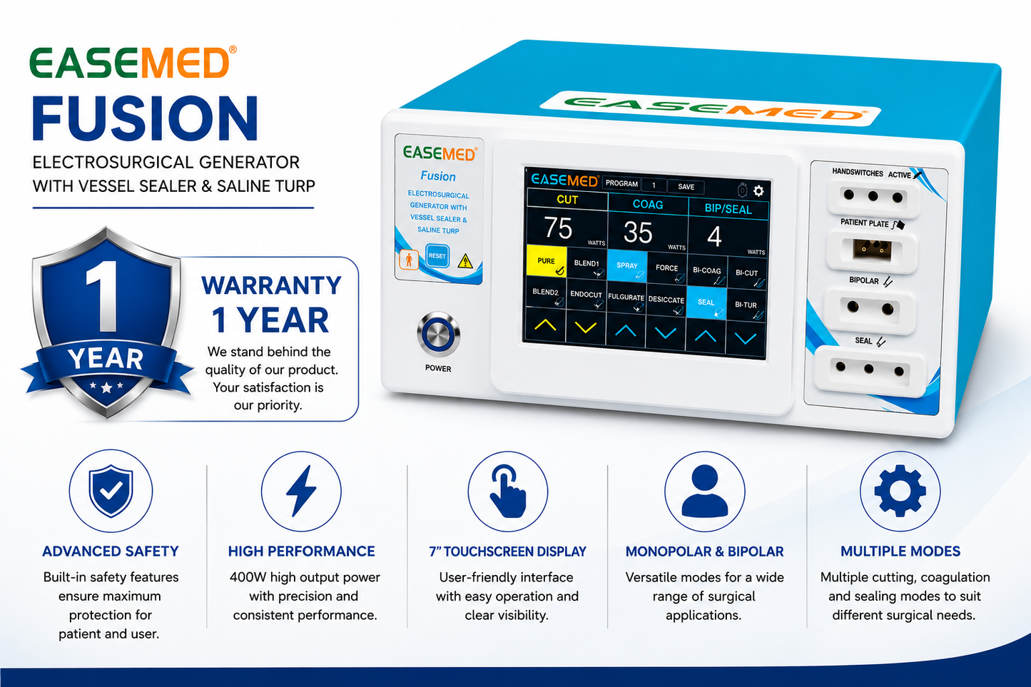 EASEMED FUSION 400W Digital Touchscreen Cautery Machine | Monopolar, Bipolar, Vessel Sealing & Saline TURP Electrosurgical Generator | Diathermy Unit with Sealing Instruments Set - Instrumed Healthcare