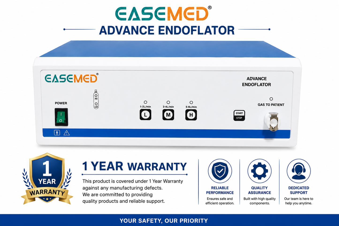 EASEMED Advance Endoflator CO₂ Insufflator with Inbuilt Gas Warmer | Microcontroller Controlled Endoscopic Insufflation System | 3 Flow Modes | Medical CO₂ Endoflator