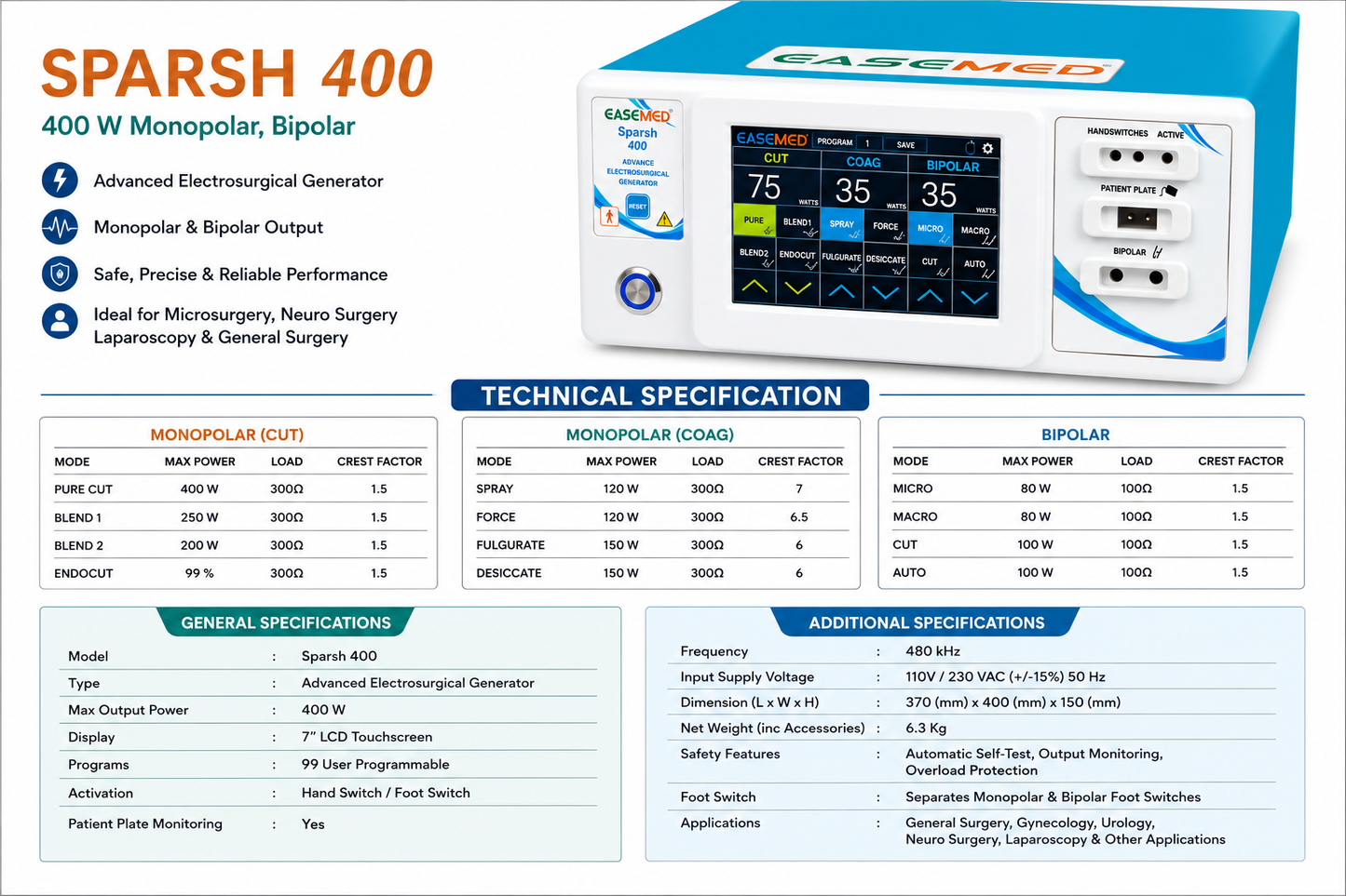 EASEMED Sparsh 400W Cautery Machine | Touch Screen Monopolar & Bipolar Electrosurgical Generator - Instrumed Healthcare