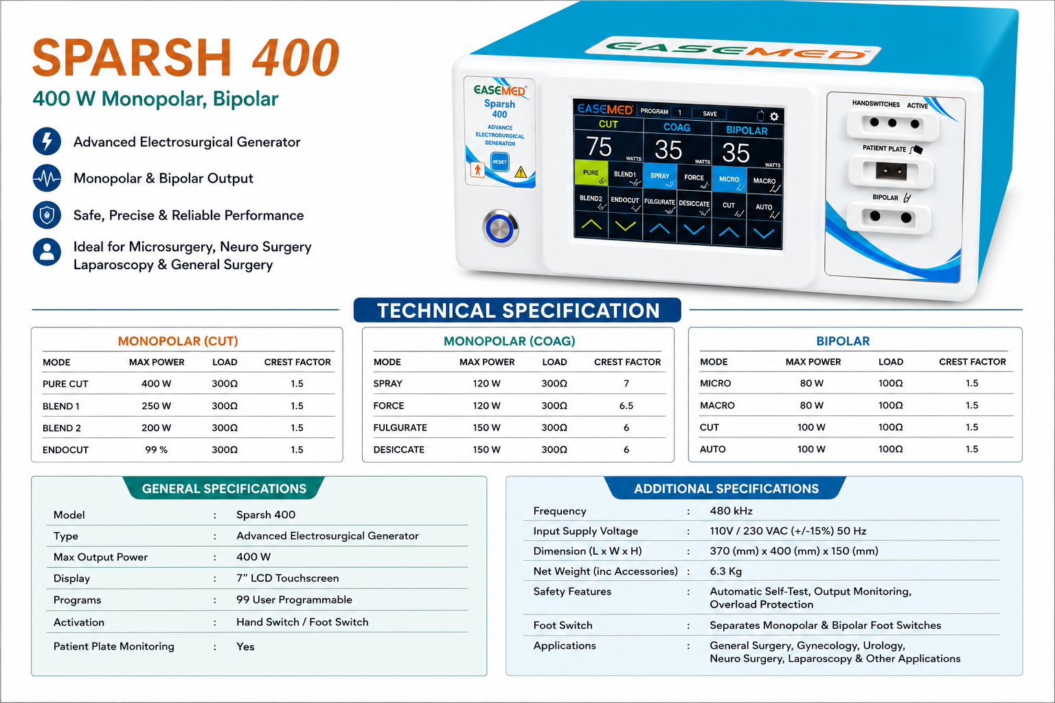 EASEMED Sparsh 400W Cautery Machine | Touch Screen Monopolar & Bipolar Electrosurgical Generator - Instrumed Healthcare