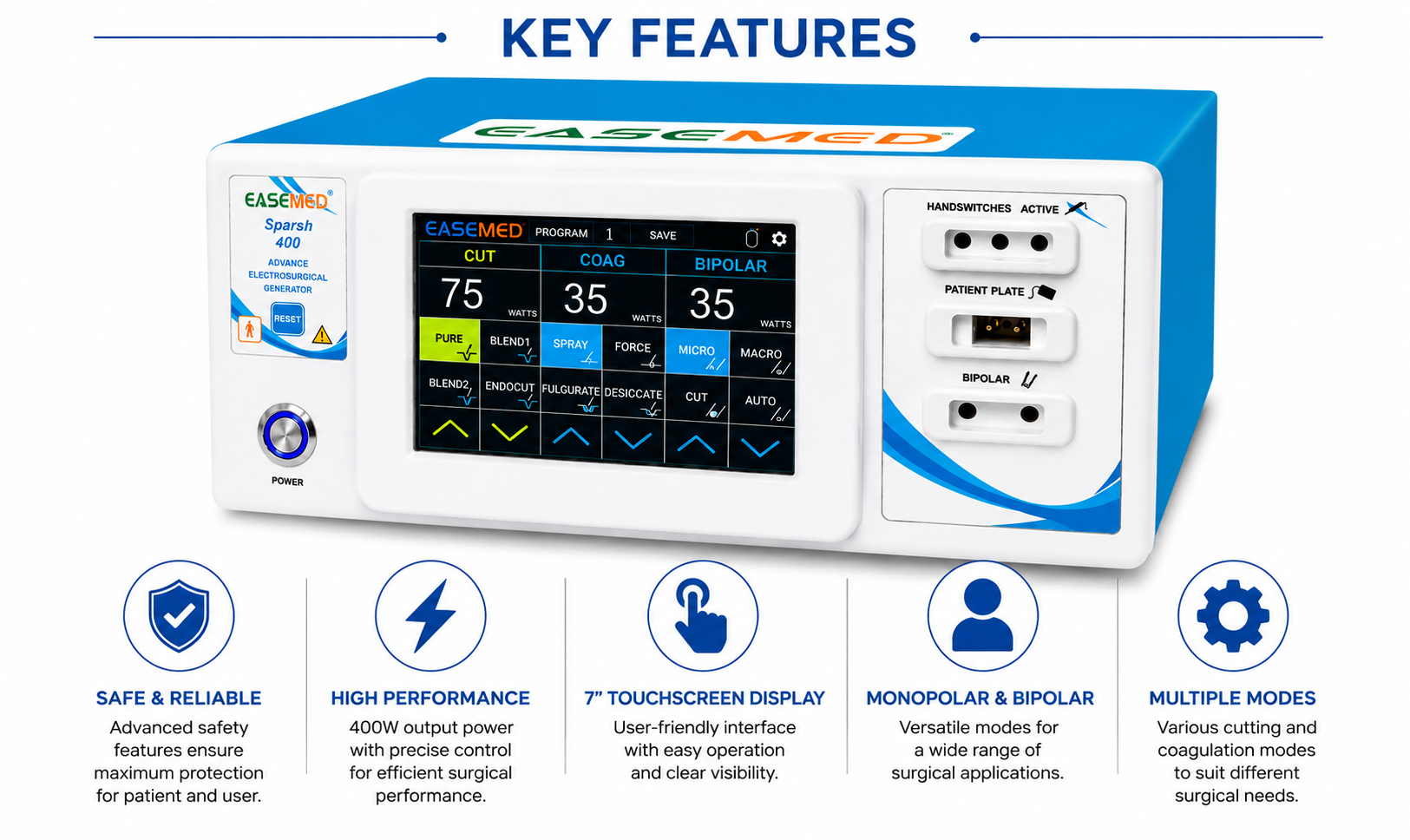 EASEMED Sparsh 400W Cautery Machine | Touch Screen Monopolar & Bipolar Electrosurgical Generator - Instrumed Healthcare