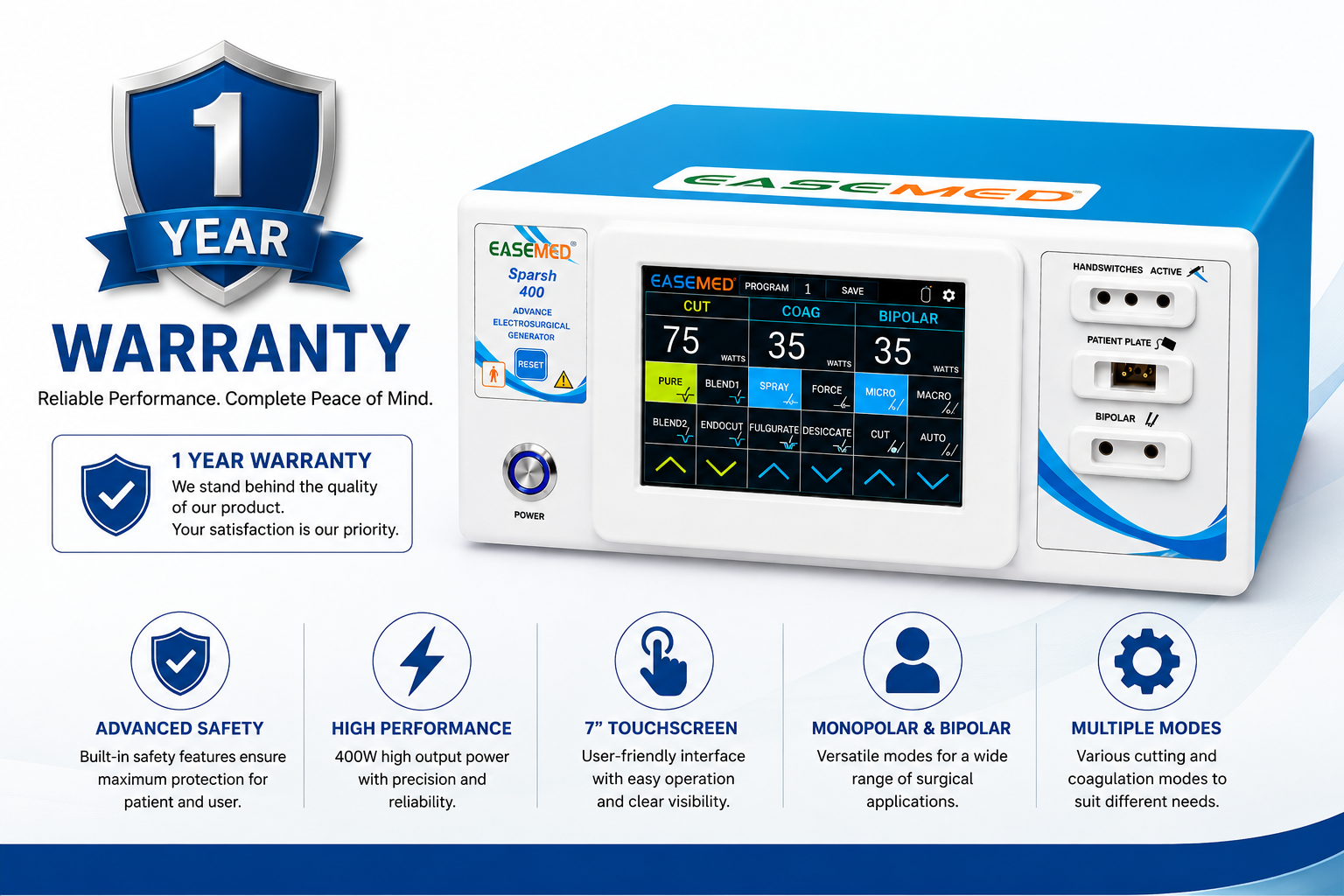 EASEMED Sparsh 400W Cautery Machine | Touch Screen Monopolar & Bipolar Electrosurgical Generator - Instrumed Healthcare