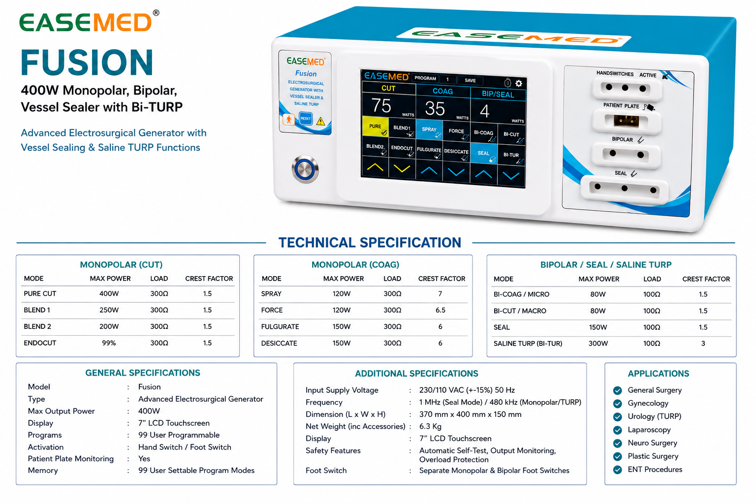 EASEMED FUSION 400W Digital Touchscreen Cautery Machine | Monopolar, Bipolar, Vessel Sealing & Saline TURP Electrosurgical Generator | Diathermy Unit with Sealing Instruments Set - Instrumed Healthcare