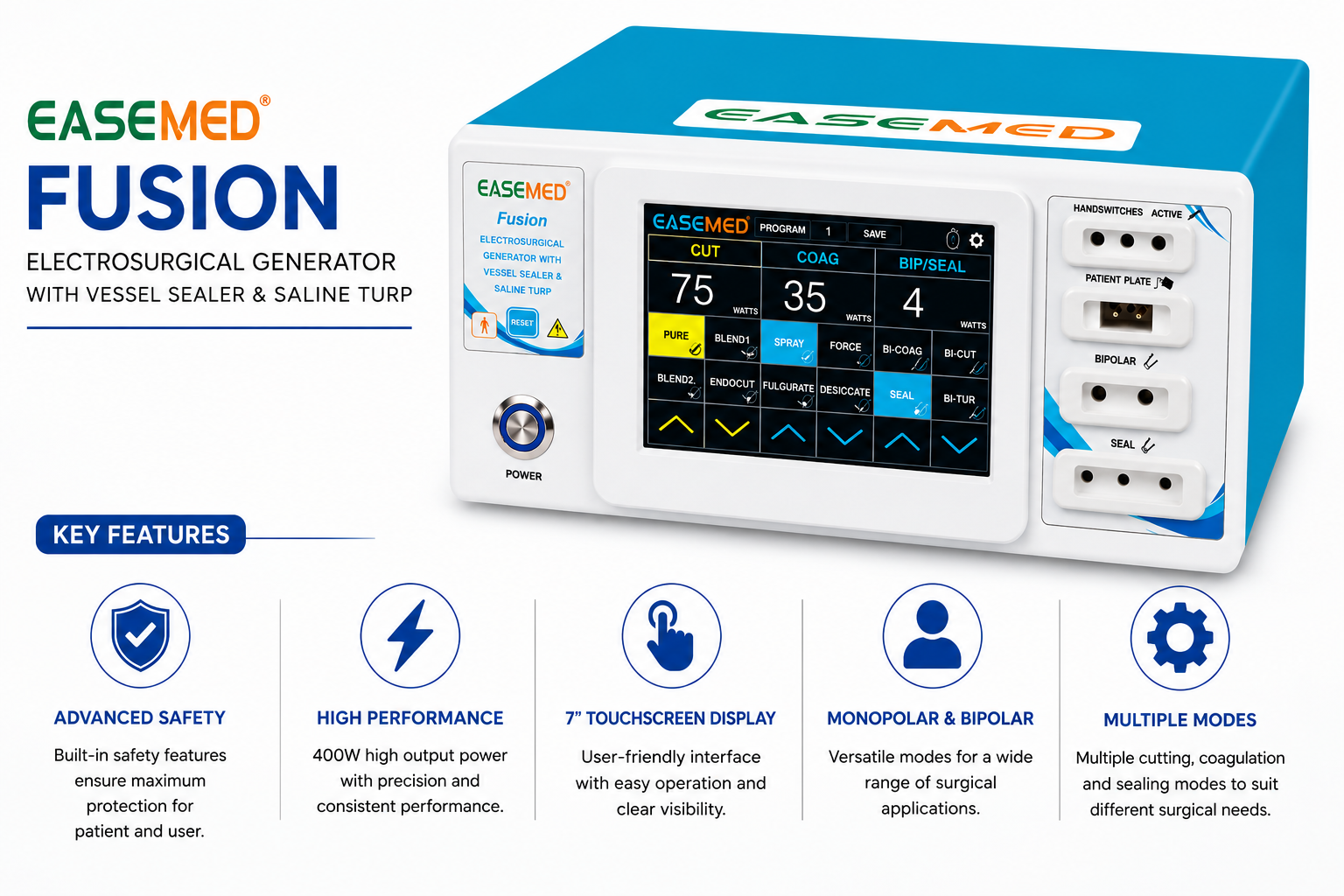 EASEMED FUSION 400W Digital Touchscreen Cautery Machine | Monopolar, Bipolar, Vessel Sealing & Saline TURP Electrosurgical Generator | Diathermy Unit with Sealing Instruments Set - Instrumed Healthcare