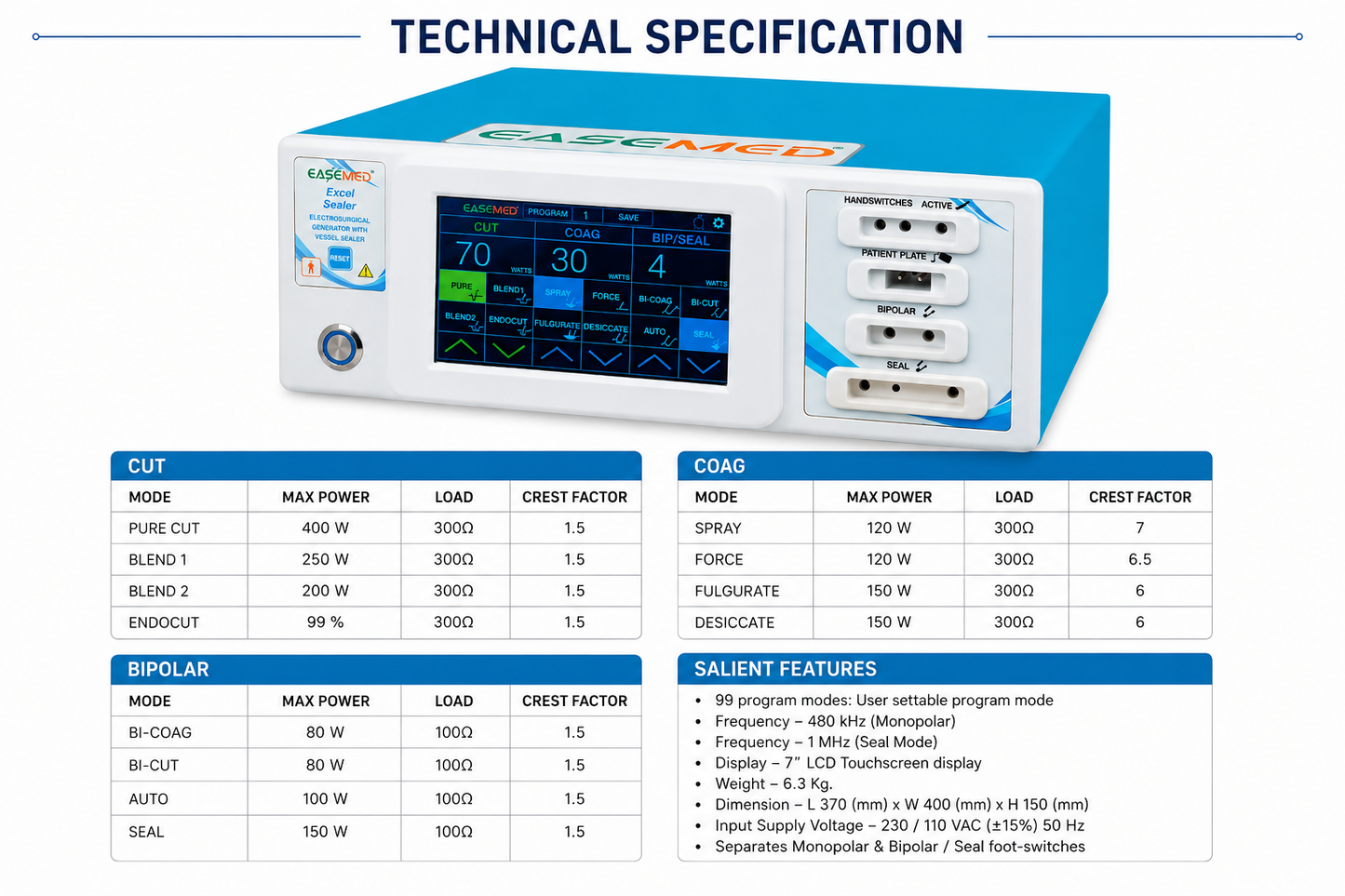EASEMED EXCEL SEALER 400W Digital Touch Screen Cautery Machine | Monopolar, Bipolar & Vessel Sealing Electrosurgical Generator - Instrumed Healthcare