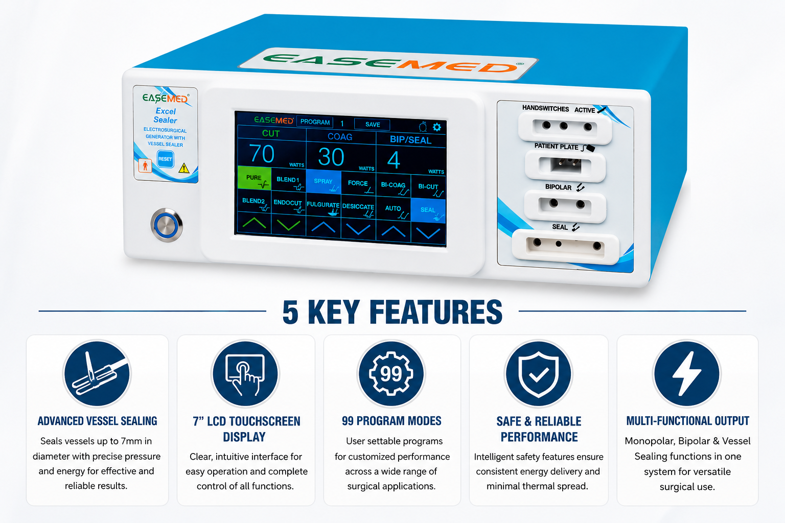 EASEMED EXCEL SEALER 400W Digital Touch Screen Cautery Machine | Monopolar, Bipolar & Vessel Sealing Electrosurgical Generator - Instrumed Healthcare
