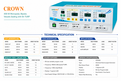 EASEMED CROWN 400W Cautery Machine | Monopolar, Bipolar, Vessel Sealing & Saline Bi-TURP Electrosurgical Generator | Diathermy Unit with Sealing Instruments Set - Instrumed Healthcare