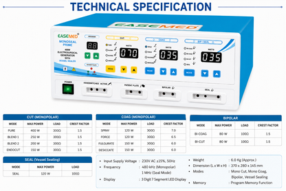 EASEMED MONOSEAL PRIME 400W Electrosurgical Generator with Monopolar, Bipolar & Vessel Sealing | Digital Cautery Machine with Sealing Instruments Set - Instrumed Healthcare