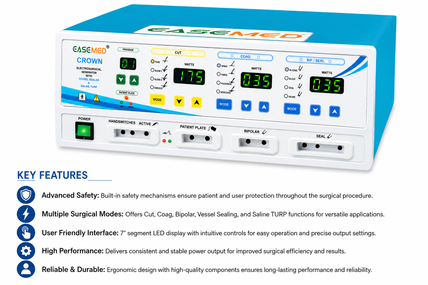 EASEMED CROWN 400W Cautery Machine | Monopolar, Bipolar, Vessel Sealing & Saline Bi-TURP Electrosurgical Generator | Diathermy Unit with Sealing Instruments Set - Instrumed Healthcare