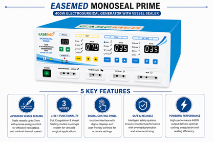 EASEMED MONOSEAL PRIME 400W Electrosurgical Generator with Monopolar, Bipolar & Vessel Sealing | Digital Cautery Machine with Sealing Instruments Set - Instrumed Healthcare
