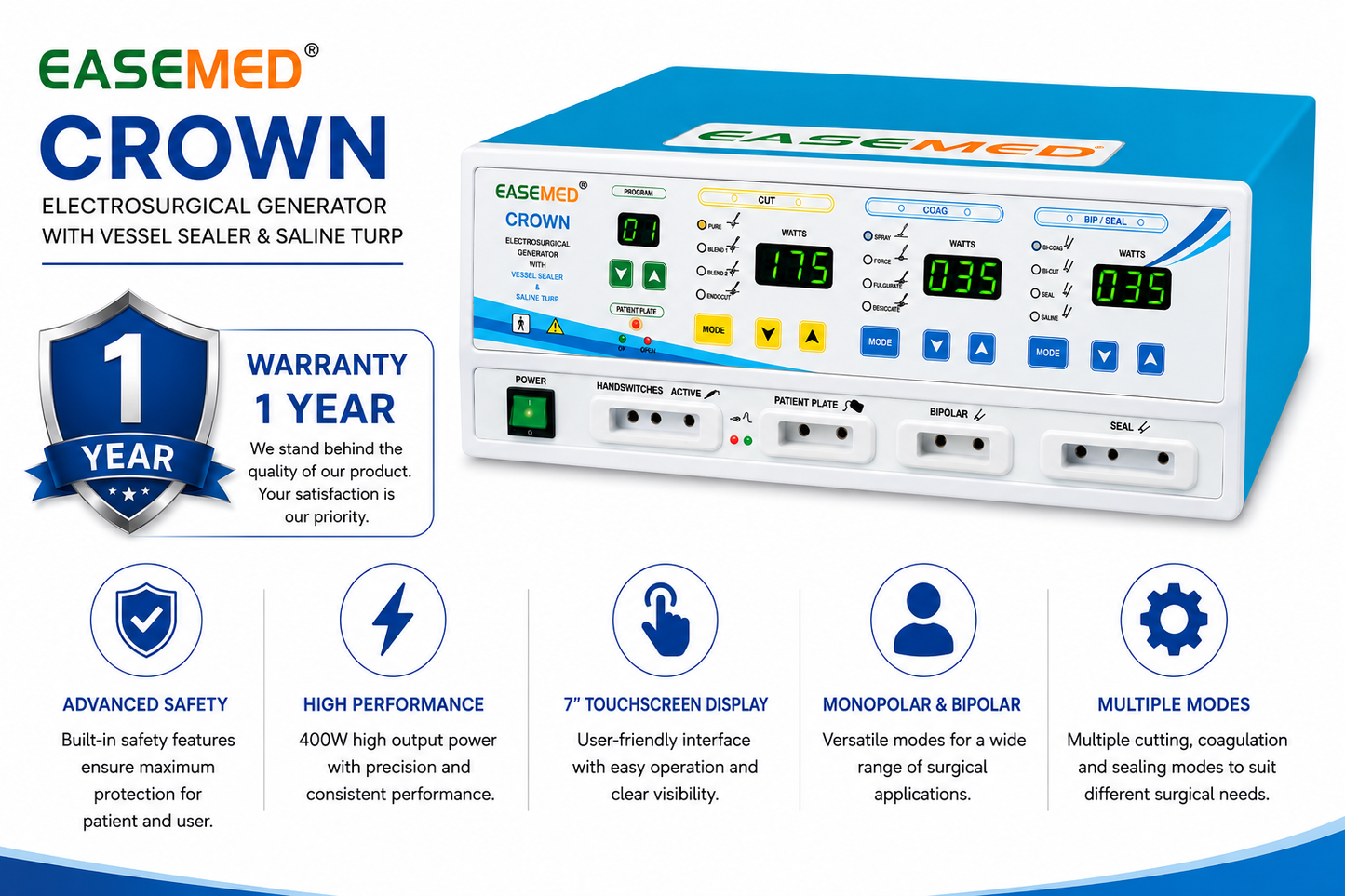 EASEMED CROWN 400W Cautery Machine | Monopolar, Bipolar, Vessel Sealing & Saline Bi-TURP Electrosurgical Generator | Diathermy Unit with Sealing Instruments Set - Instrumed Healthcare