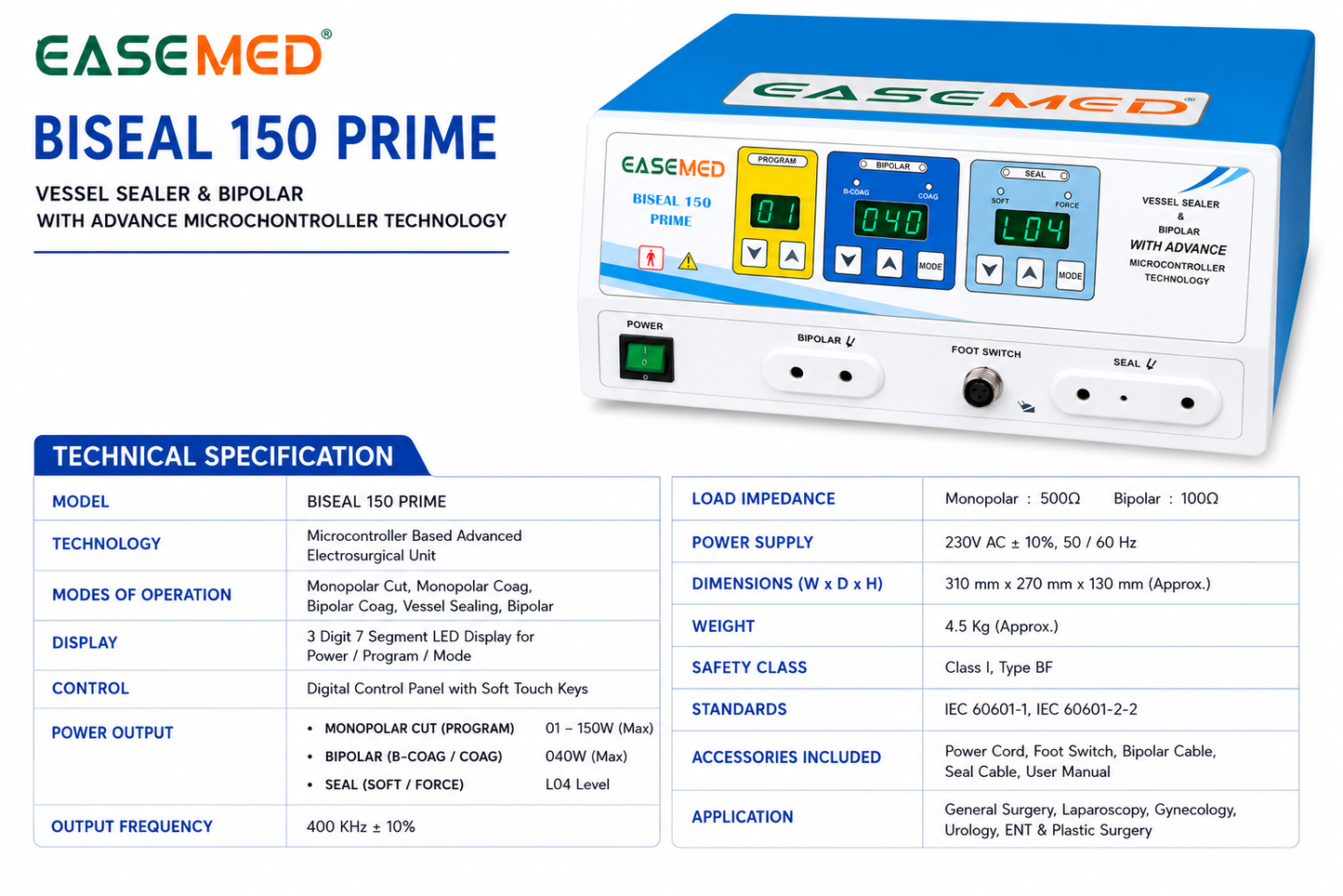 EASEMED BISEAL 150 PRIME Vessel Sealer & Bipolar Electrosurgical Generator | 150W Cautery Machine | Vessel Sealing & Electrosurgery Unit - Instrumed Healthcare