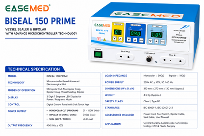 EASEMED BISEAL 150 PRIME Vessel Sealer & Bipolar Electrosurgical Generator | 150W Cautery Machine | Vessel Sealing & Electrosurgery Unit - Instrumed Healthcare