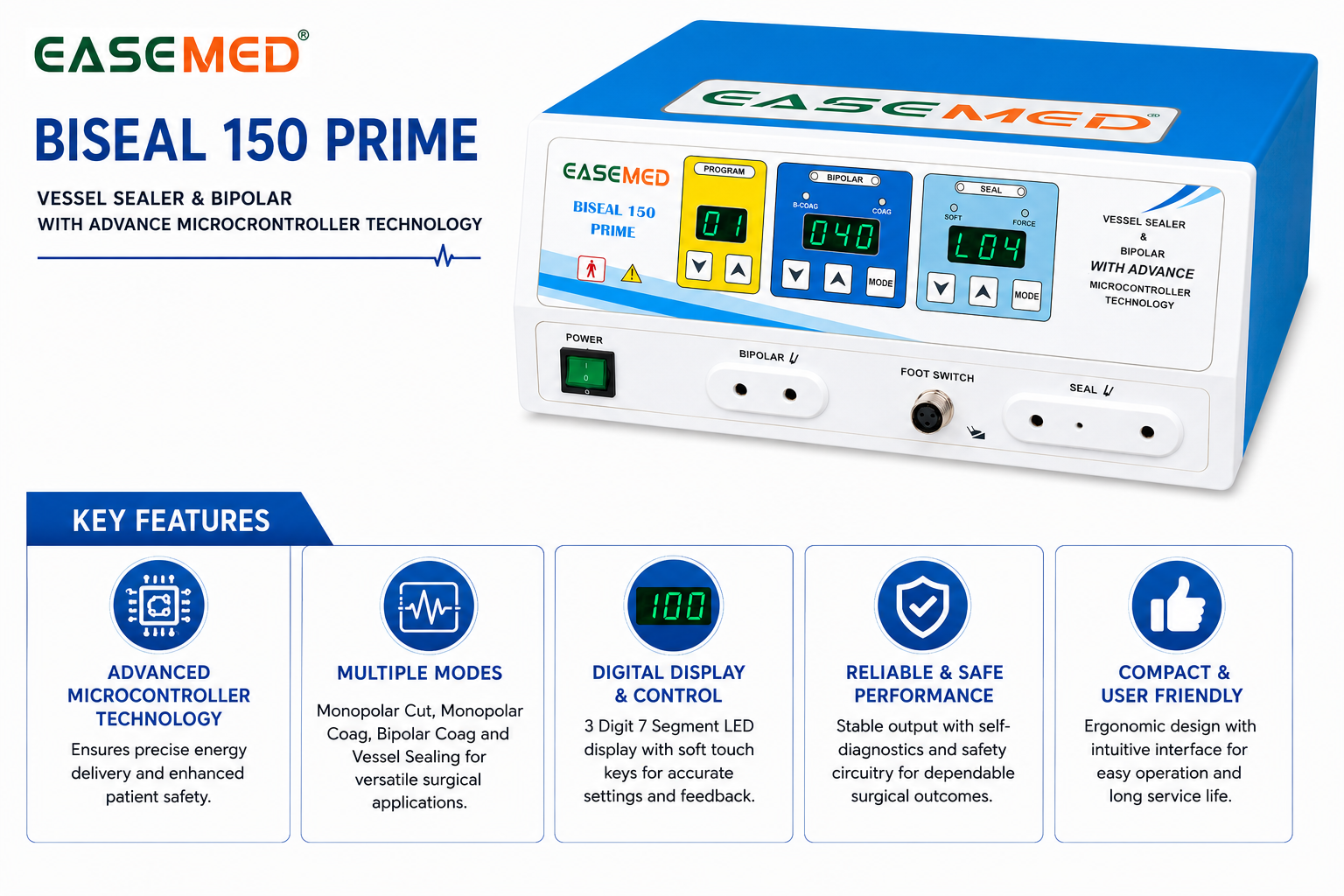 EASEMED BISEAL 150 PRIME Vessel Sealer & Bipolar Electrosurgical Generator | 150W Cautery Machine | Vessel Sealing & Electrosurgery Unit - Instrumed Healthcare