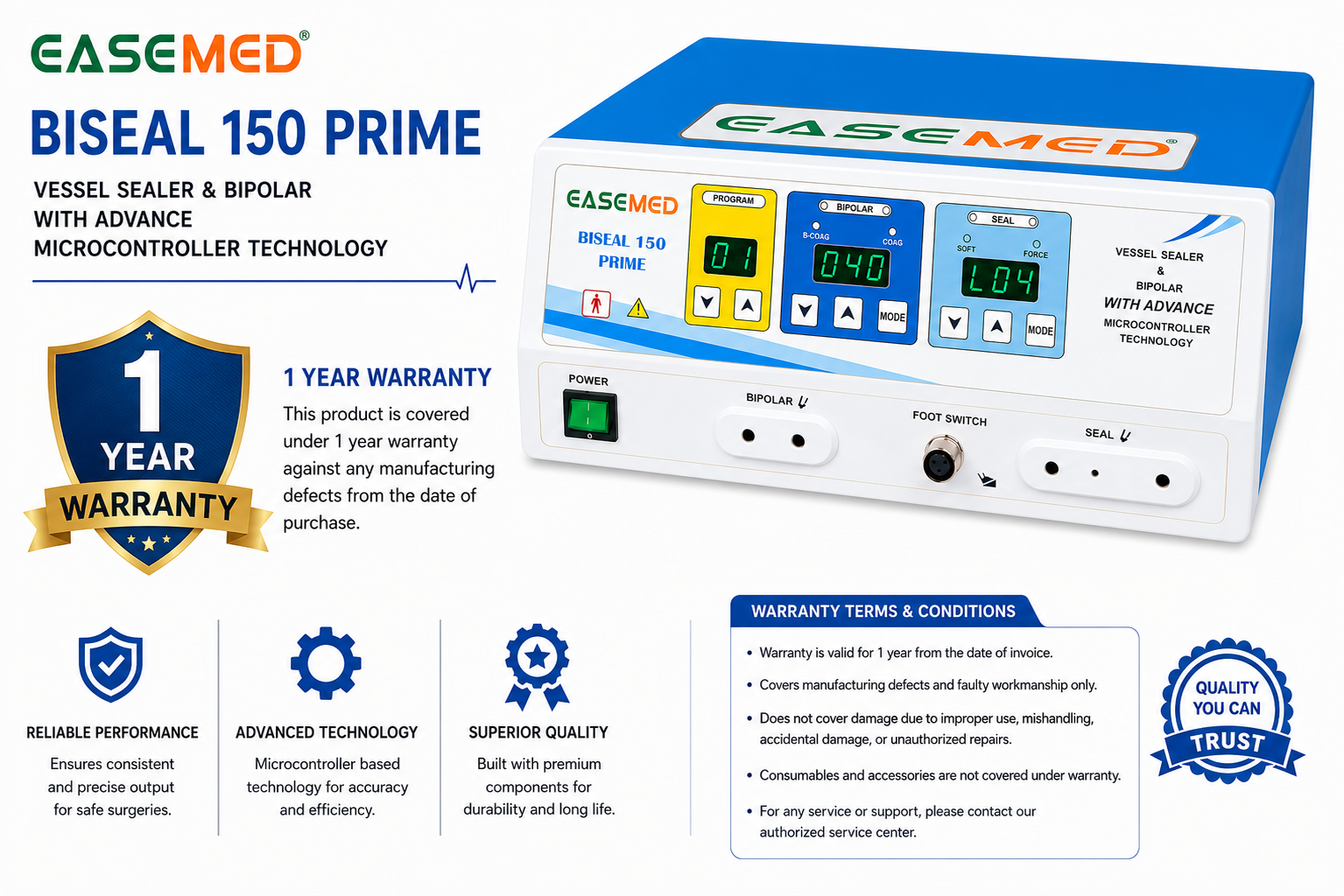 EASEMED BISEAL 150 PRIME Vessel Sealer & Bipolar Electrosurgical Generator | 150W Cautery Machine | Vessel Sealing & Electrosurgery Unit - Instrumed Healthcare