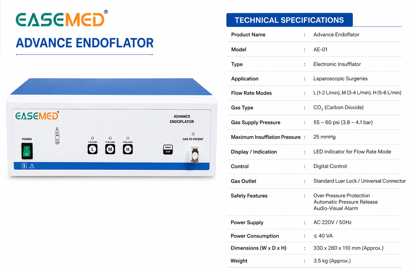 EASEMED Advance Endoflator CO₂ Insufflator with Inbuilt Gas Warmer | Microcontroller Controlled Endoscopic Insufflation System | 3 Flow Modes | Medical CO₂ Endoflator