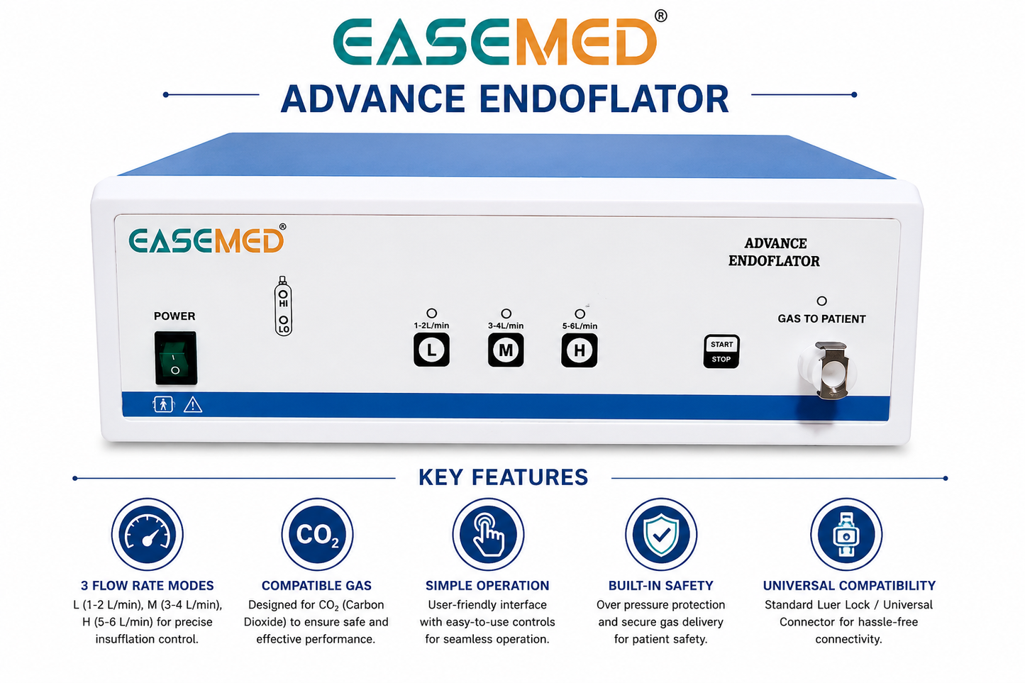EASEMED Advance Endoflator CO₂ Insufflator with Inbuilt Gas Warmer | Microcontroller Controlled Endoscopic Insufflation System | 3 Flow Modes | Medical CO₂ Endoflator