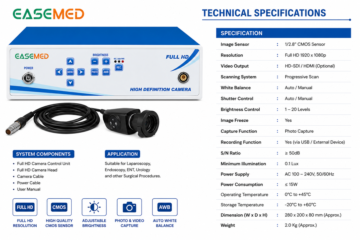 EASEMED Full HD Endoscopy & Laparoscopy Camera System with Camera Head | 1920×1080p Surgical Imaging System | HD Endoscopic Camera Unit - Instrumed Healthcare