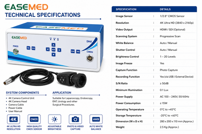 EASEMED EM4K 4K UHD Endoscopy & Laparoscopy Camera System with Camera Head | 3840×2160 60FPS Medical Surgical Camera