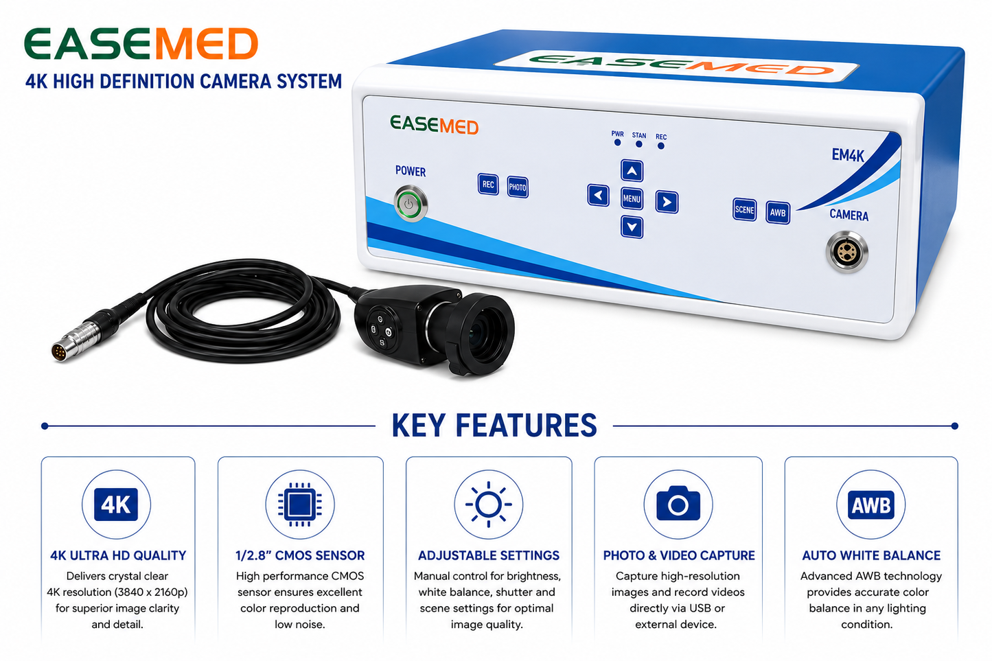 EASEMED EM4K 4K UHD Endoscopy & Laparoscopy Camera System with Camera Head | 3840×2160 60FPS Medical Surgical Camera