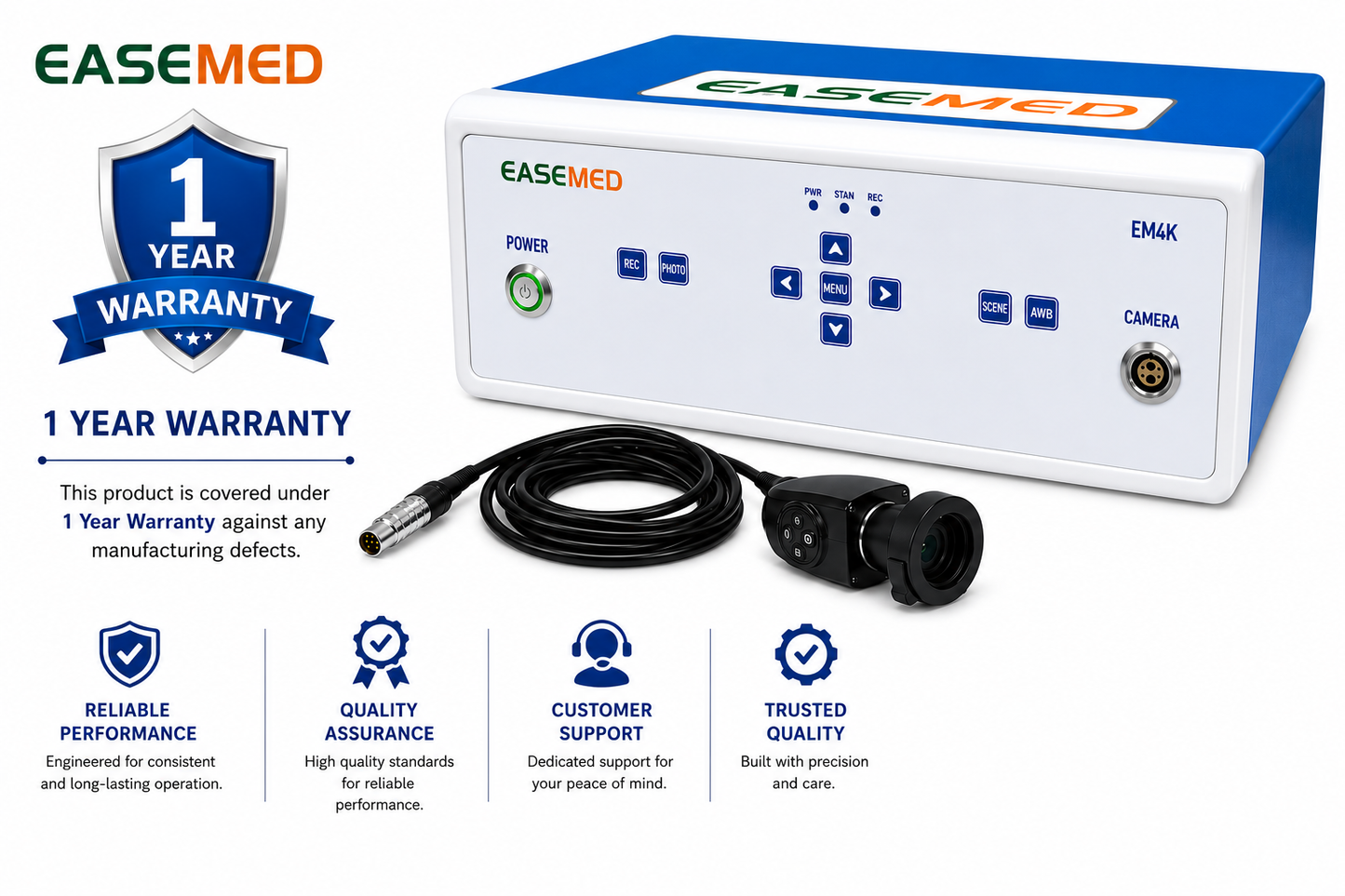 EASEMED EM4K 4K UHD Endoscopy & Laparoscopy Camera System with Camera Head | 3840×2160 60FPS Medical Surgical Camera