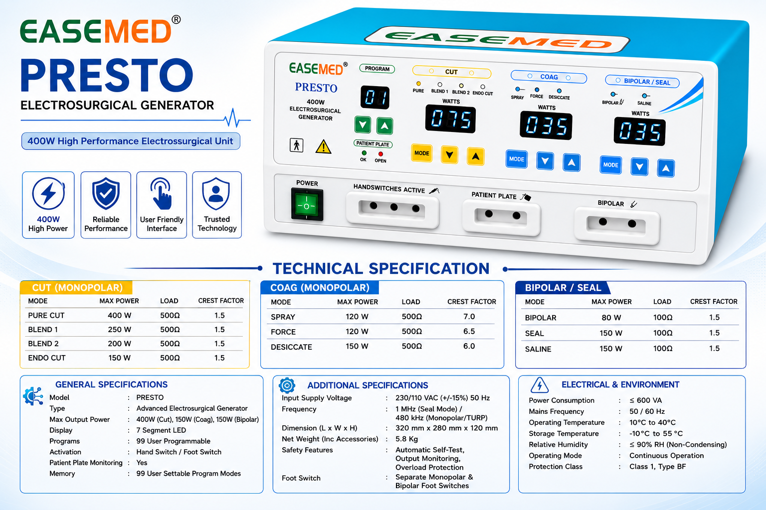 EASEMED PRESTO 400W Saline Bipolar TURP Electrosurgical Generator | Digital Cautery Machine for Urology & Electrosurgery - Instrumed Healthcare