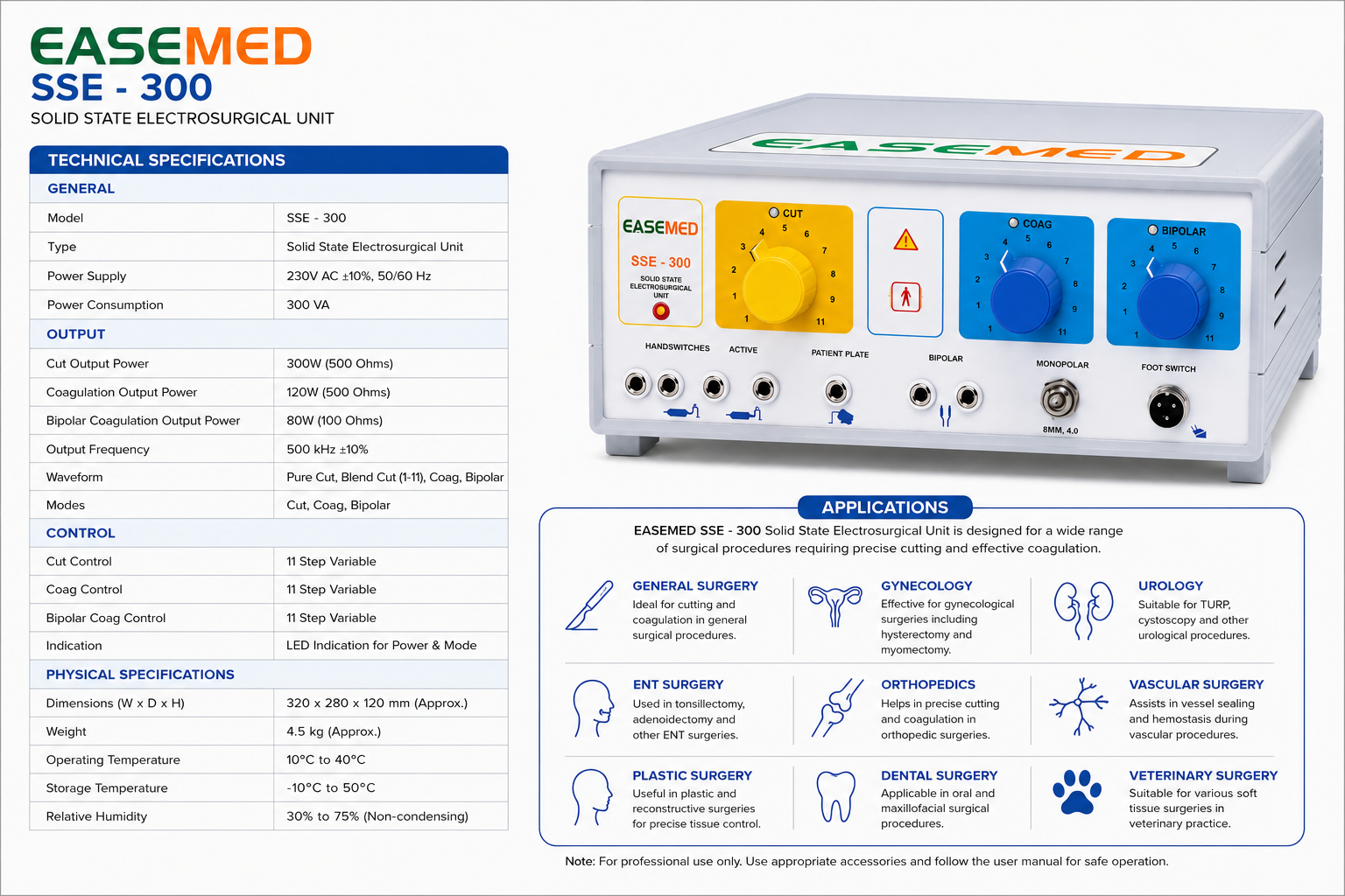 EASEMED SSE-300 300W Electrosurgical Generator | Bipolar & Monopolar Cautery Machine - Instrumed Healthcare