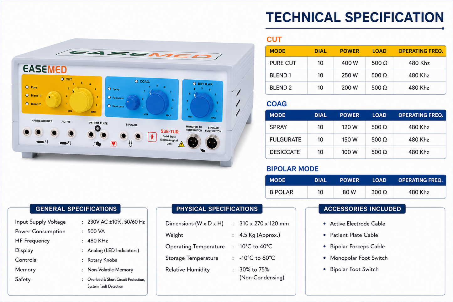 EASEMED SSE-TUR 400W Electrosurgical Generator | Analog Cautery Machine | Monopolar & Bipolar Electrosurgery Unit