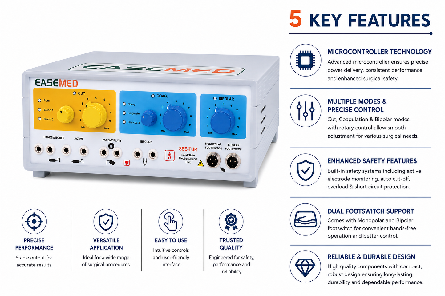 EASEMED SSE-TUR 400W Electrosurgical Generator | Analog Cautery Machine | Monopolar & Bipolar Electrosurgery Unit