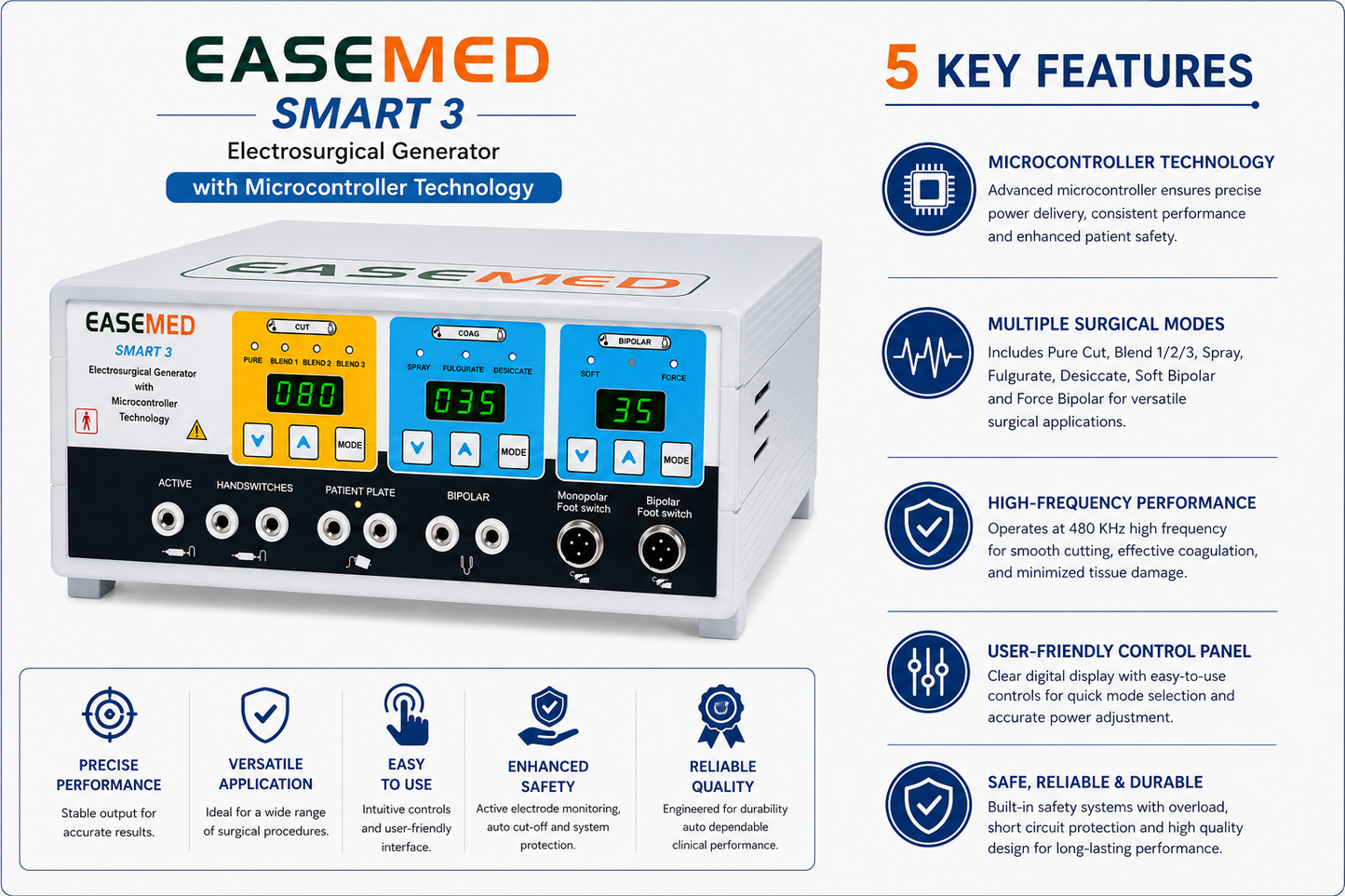 EASEMED SMART 3 300W Digital Electrosurgical Generator | Monopolar & Bipolar Cautery Machine - Instrumed Healthcare