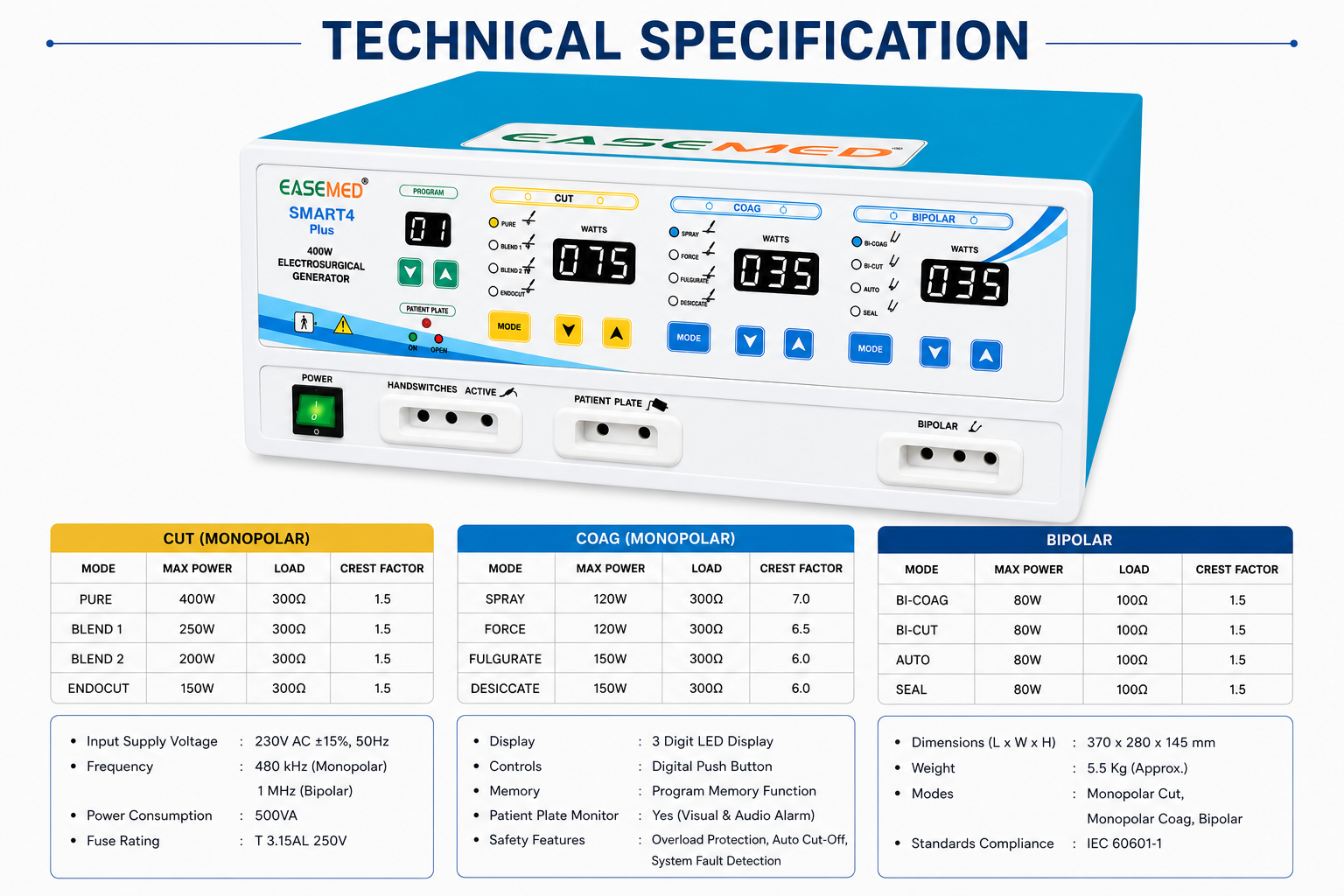 EASEMED Smart 4 Plus Advance 400W Electrosurgical Generator Digital Monopolar Bipolar Cautery Machine - Instrumed Healthcare