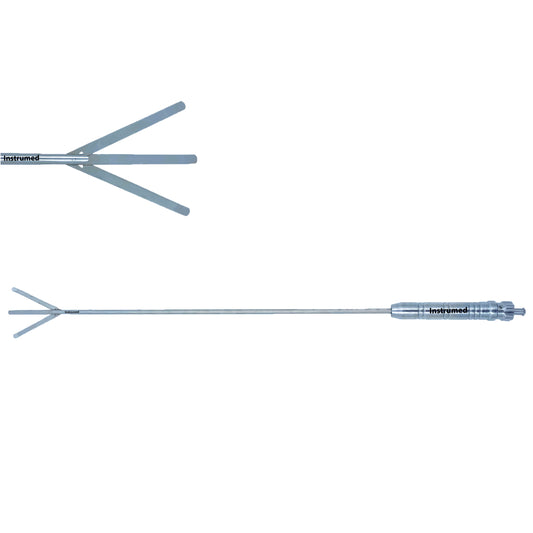Laparoscopic instruments 3-blade fan retractor with 5mm diameter and 33cm working length made from stainless steel.