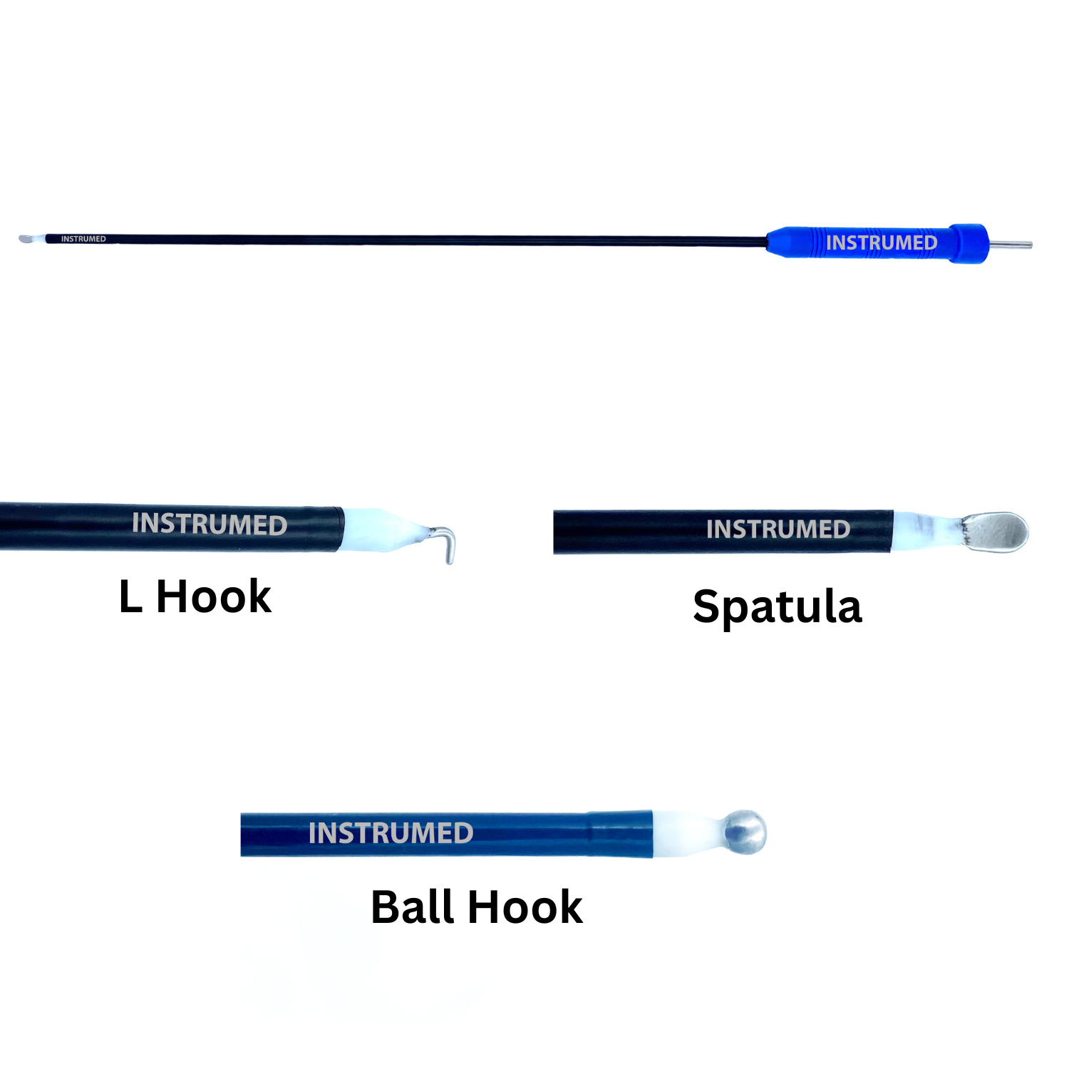 Laparoscopic monopolar electrode hook spatula with 5mm diameter and 33cm working length used for minimally invasive surgery.