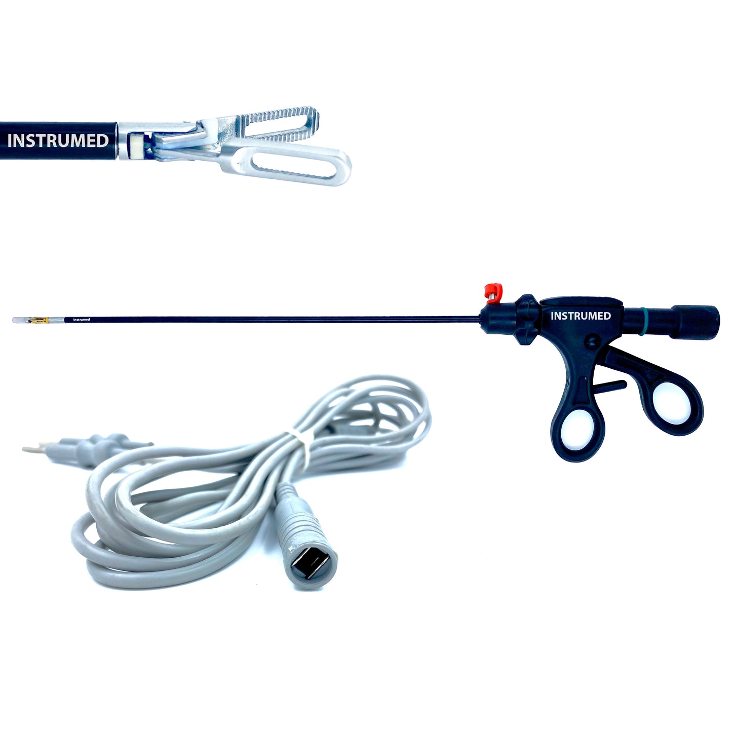 Laparoscopic bipolar fenestrated bowel forceps with 5mm diameter and 330mm working length used in minimally invasive surgery.