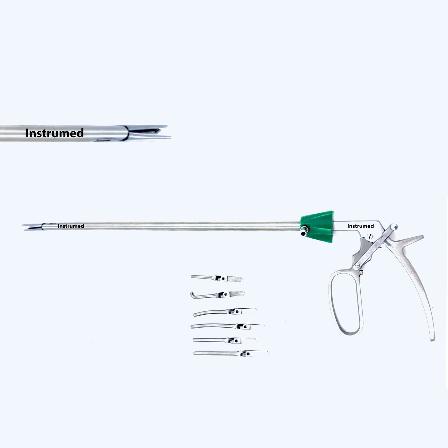 Laparoscopic bulldog clip applicator with 10mm diameter and 330mm working length made from medical-grade stainless steel.