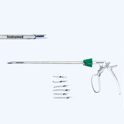 Laparoscopic bulldog clip applicator with 10mm diameter and 330mm working length made from medical-grade stainless steel.