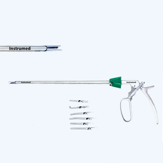 Laparoscopic bulldog clip applicator with 10mm diameter and 330mm working length made from medical-grade stainless steel.