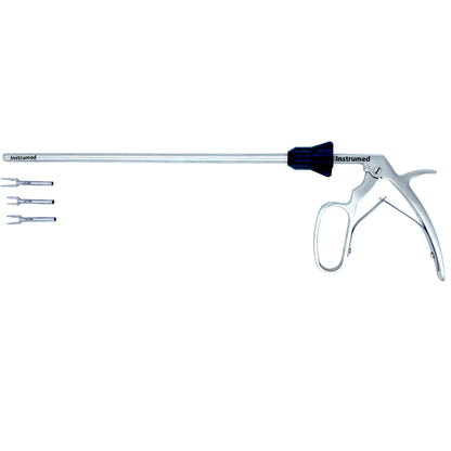 Laparoscopic clip applicator 10mm diameter with 330mm working length used for secure clip application in minimally invasive surgery.