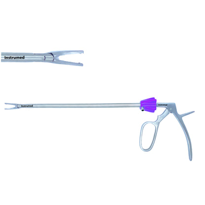 Laparoscopic Hemolok clip applicator with 10mm diameter and 33cm working length used for secure vessel ligation in minimally invasive surgery.