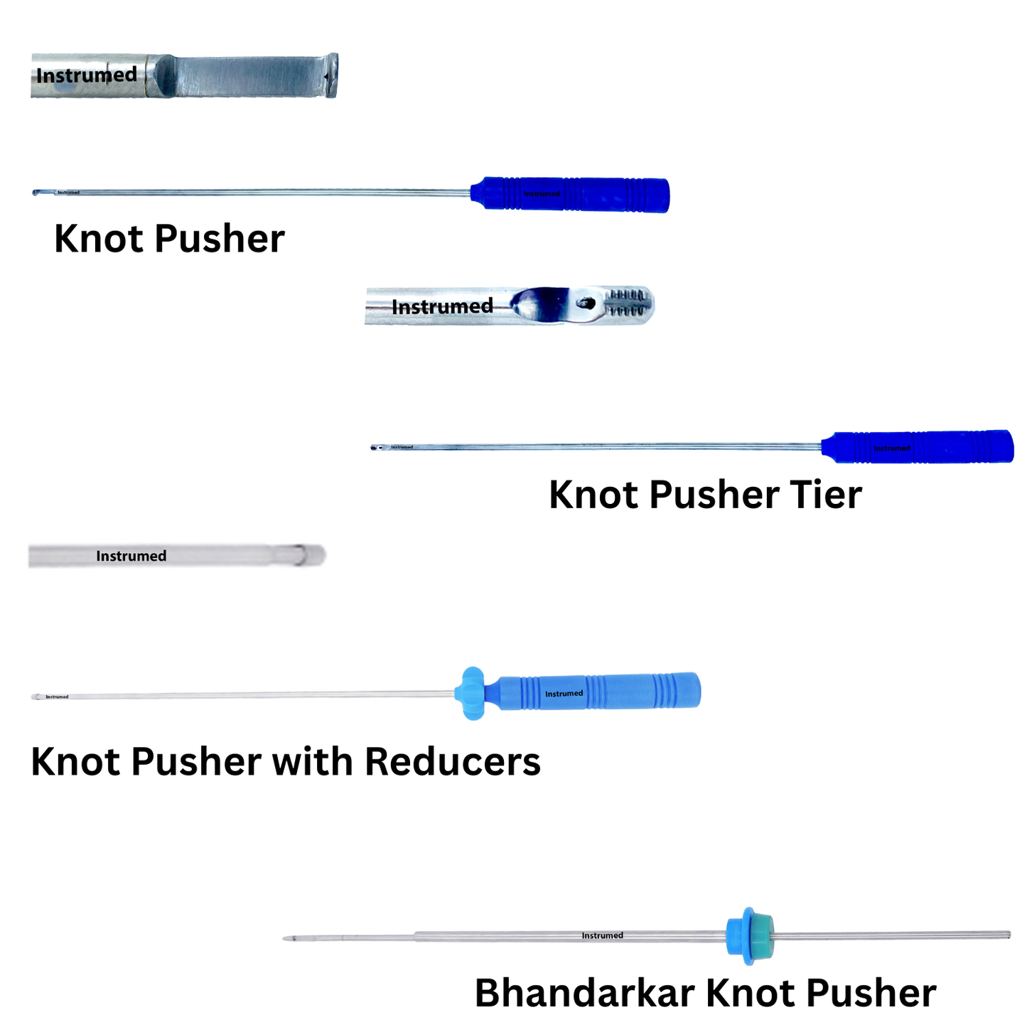 Laparoscopic knot pusher 5mm diameter 33cm length with cutter and Bhandarkar variations for minimally invasive surgery.