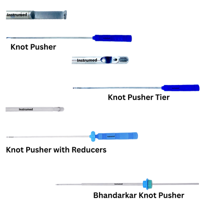 Laparoscopic knot pusher 5mm diameter 33cm length with cutter and Bhandarkar variations for minimally invasive surgery.