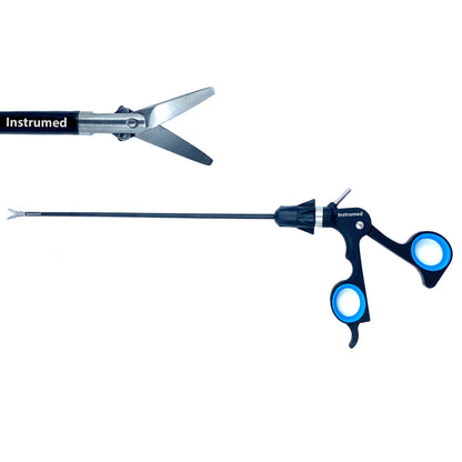 Laparoscopic scissor forceps with 5mm diameter and 33cm working length made of stainless steel for minimally invasive surgery.