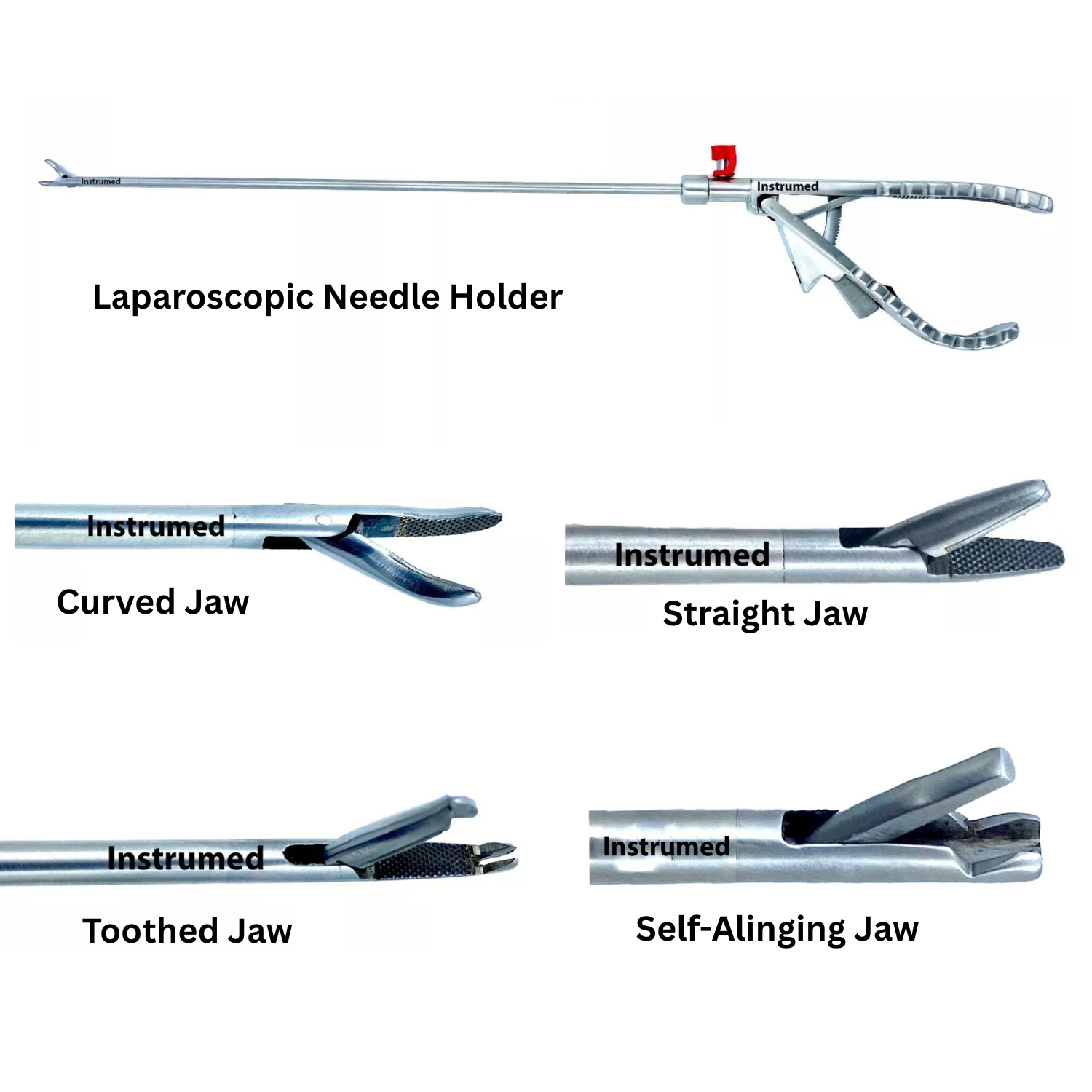 Laparoscopic 5mm needle holder with 33cm working length available in curved, straight, toothed, and self-aligning jaw options.