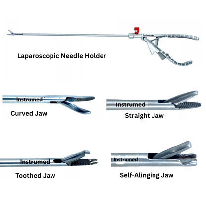 Laparoscopic 5mm needle holder with 33cm working length available in curved, straight, toothed, and self-aligning jaw options.